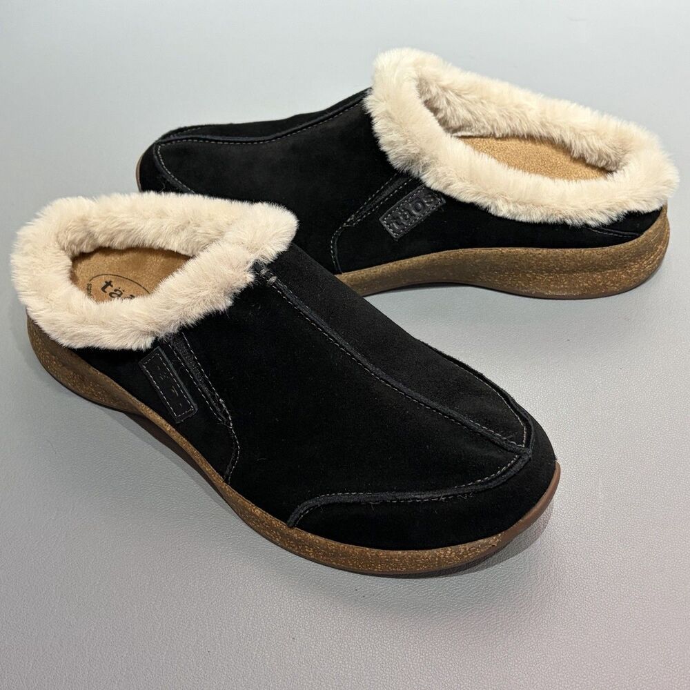TAOS Future Clogs Comfort Slip-On Shoes Women’s 10 Black Suede Faux Fur Lined
